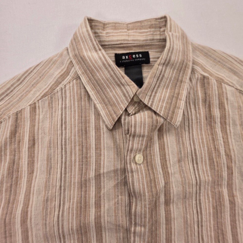 Axcess Mens Linen Cotton Striped Short Sleeve Button Down Shirt Beige Brown M